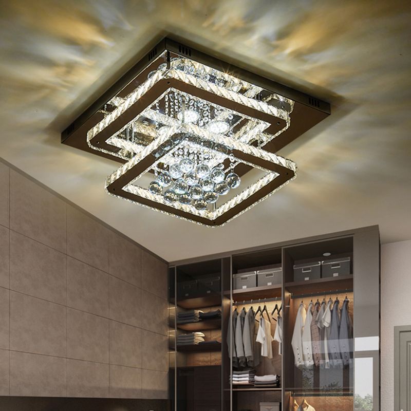 2-Tier Square Bedroom Ceiling Lamp Crystal Block LED Contemporary Semi Flush Light in Chrome