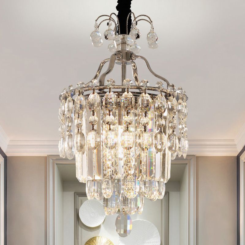 Faceted Cut Crystal Chrome Hanging Lamp Layered 3 Bulbs Modern Chandelier Pendant Light