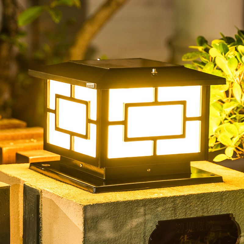 Metal Contemporary Pillar Lamp Square Shape Outdoor Waterproof Light with Acrylic Shade