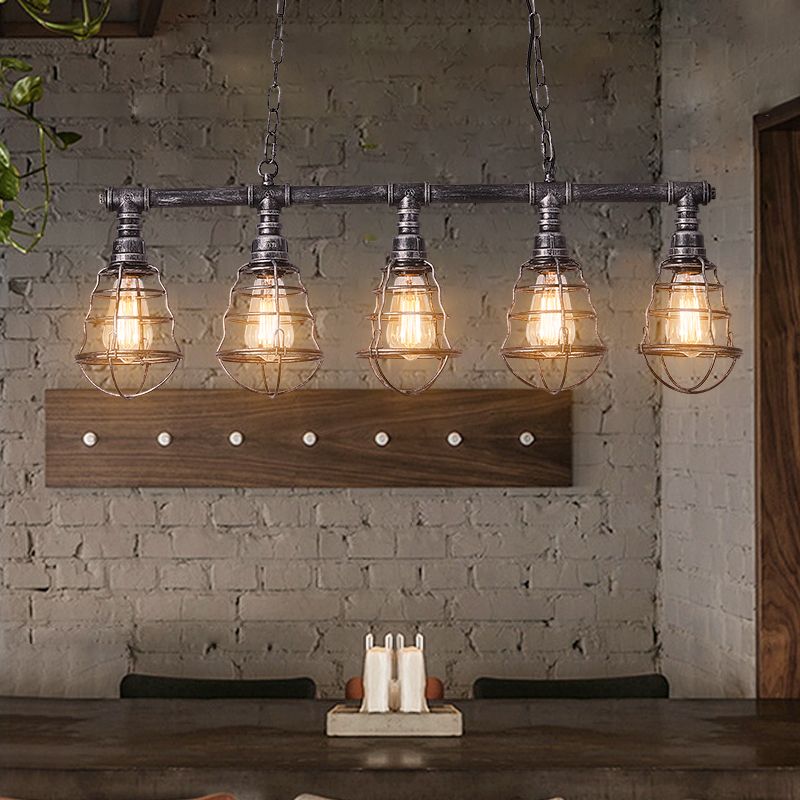 Metal Caged Island Lamp Vintage 5 Lights Dining Room Billiard Light in Aged Silver