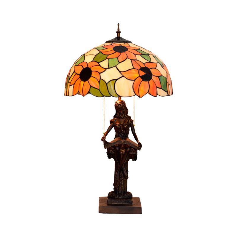 Kleines Mädchen Reading Buchstisch Lampe 2 Lichter Harz Barock Pull-Chain-Nachttischlicht mit Sonnenblumenrot/Orange Glasschatten