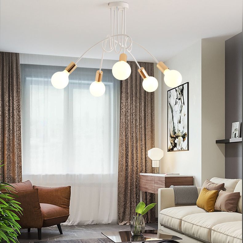 White Sputnik Exposed Bulb Flush Mount Industrial Retro Ceiling Light with Wrought Iron Stem