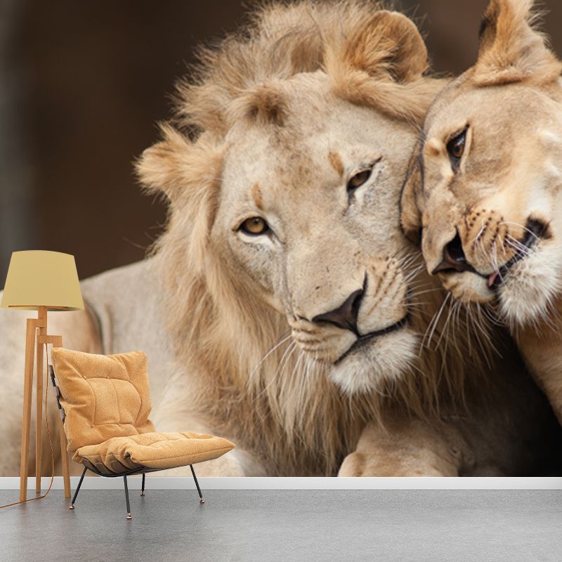 Brown Lover Lion Wallpaper Mural Waterproofing Wall Art for Living Room, Made to Measure
