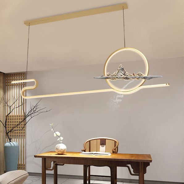 Chinese Minimalist Style Linear Island Pendant Lighting LED Metal Island Ceiling Light for Living Room
