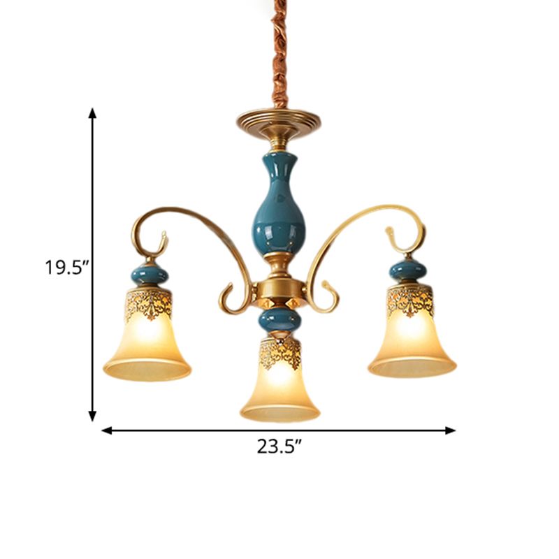 3/5/6-Bulb Suspension Pendant Light Countryside Swooping Arm Metal Chandelier in Brass with Bell Milk Glass Shade