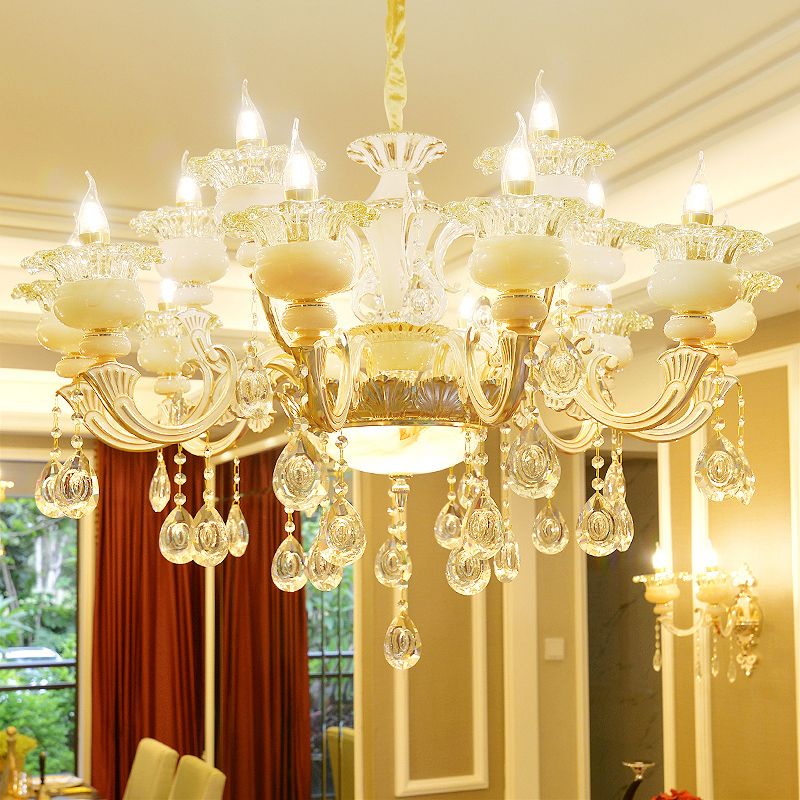 Gold Floral Ruffle Ceiling Lighting Traditional Jade Living Room Chandelier Light with Crystal Draping
