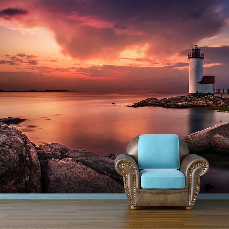 Riverside Lighthouse at Dusk Mural Orange Nordic Wall Art for Living Room, Custom Printed