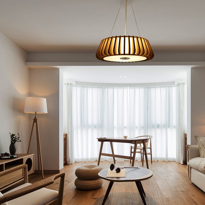 Japanese Bamboo Pendant Light Fixture 1-Light Drum Beige Hanging Ceiling Light