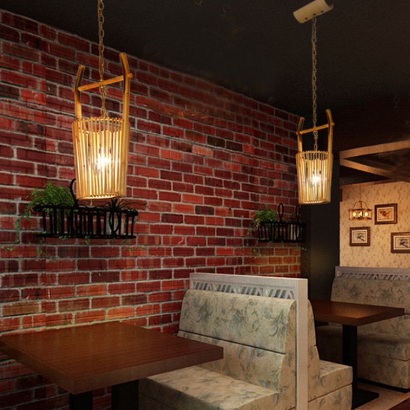 Beige Barrel Suspension Pendant Light Modern 1 Light Bamboo Hanging Lamp