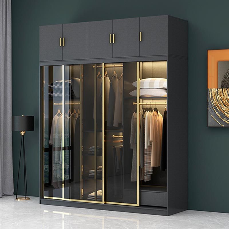Modern Sliding Door Wardrobe for Bedroom Black Cabinet with Glass Doors