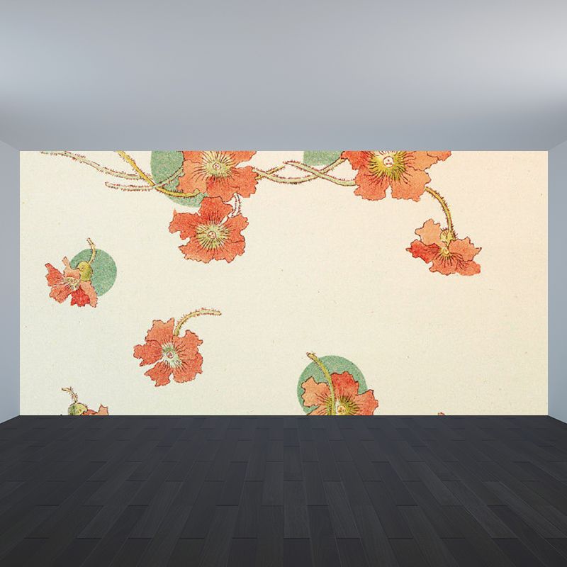 Orange Floral Printed Mural Decal Stain Resistant Contemporary Bathroom Wall Covering