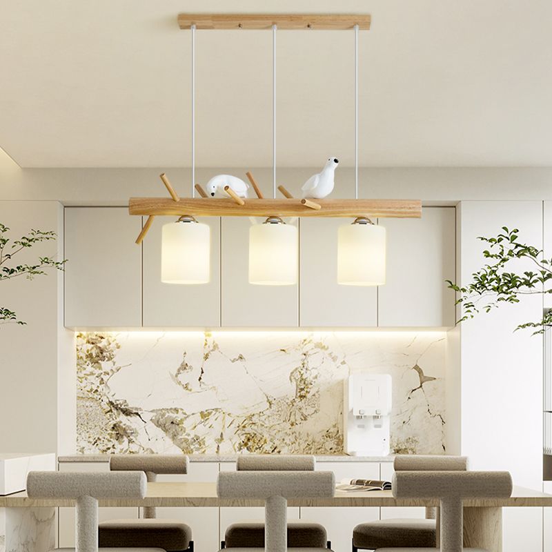 Modern Wood Pendant Light Cylinder Shape Island Light with Glass Shade for Bedroom