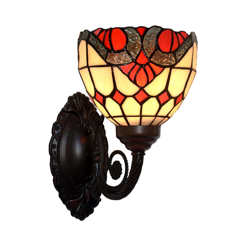 Baroque Grid Bowl Wall Lamp 1 Head Stained Art Glass Wall Light Fixture in Black
