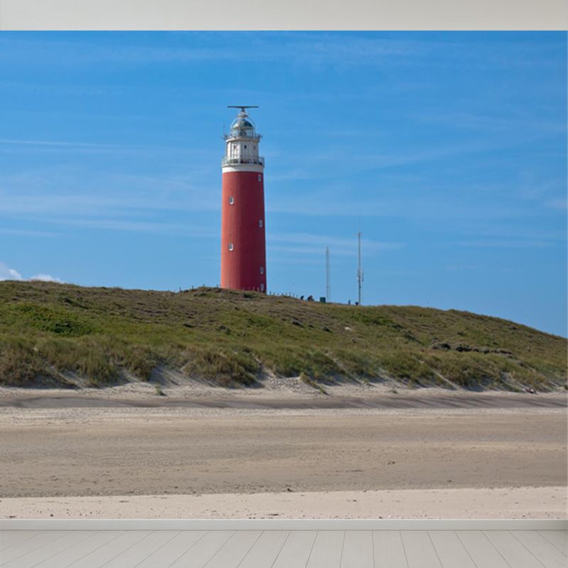 Large Lighthouse and Sky Mural Wallpaper Coastal Sea Landscape Wall Covering in Blue