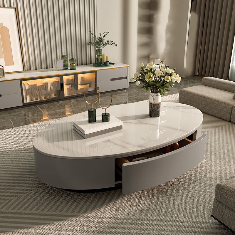 Glam Oval Slate Top Coffee Table 13.77" Tall Cocktail Table with Storage