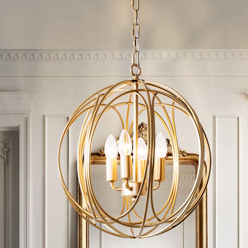 Metallic Orbit Cage Shade Chandelier Lamp Vintage Style 3 Lights Indoor Ceiling Fixture with Adjustable Chain