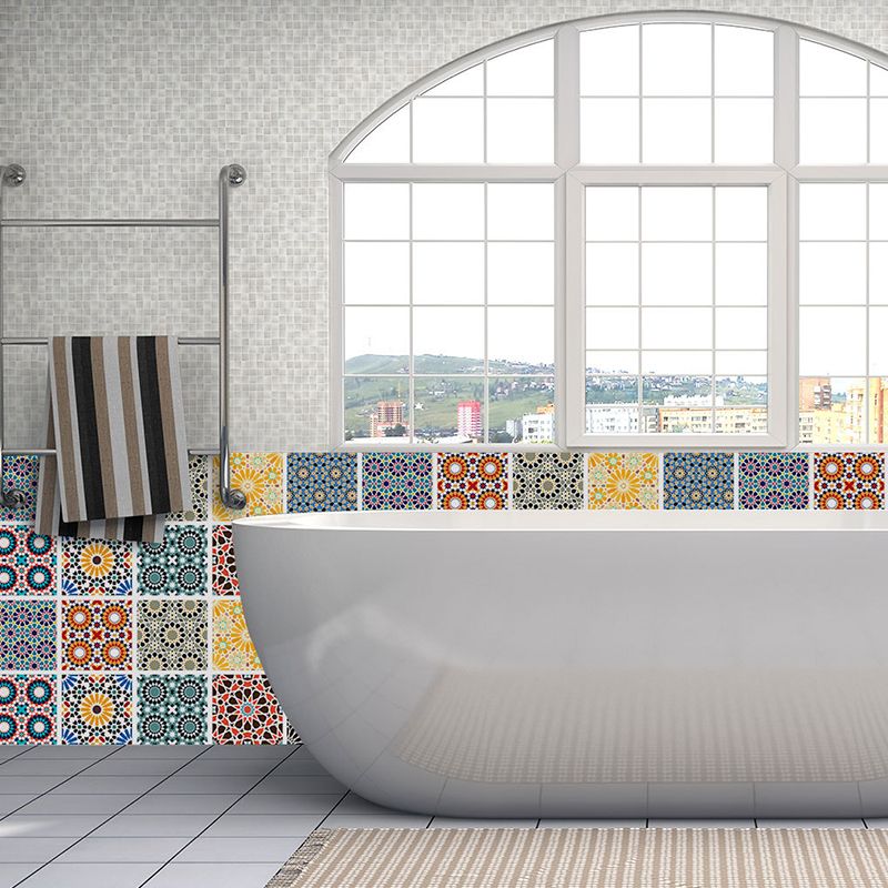 Adhesive Mandala Tiles Wallpaper Panel Set Bohemian PVC Wall Covering in Multi-Color for Bathroom