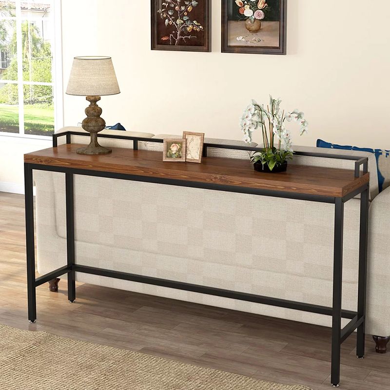 Modern Bar Dining Table Indoor Rectangle Wood Bar Table Trestle Iron Base in Brown