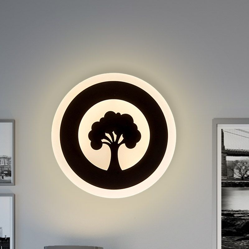 Acrylic Round Wall Lighting Modernism LED Flush Wall Sconce in Black with Tree Pattern, White/Warm Light
