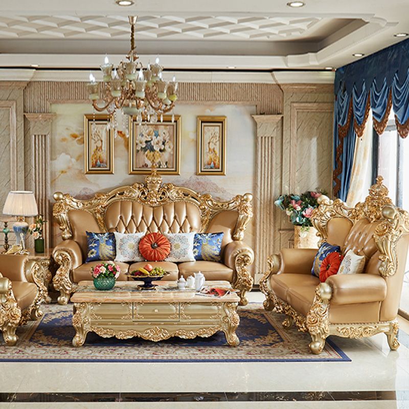 Genuine Leather Sofa Tufted Split-Back Rolled Arm Sofa for Living Room