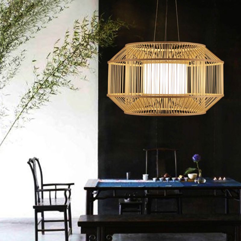 Beige Round Lantern Pendant Chinese Style 1 Bulb Bamboo Hanging Light for Dining Table