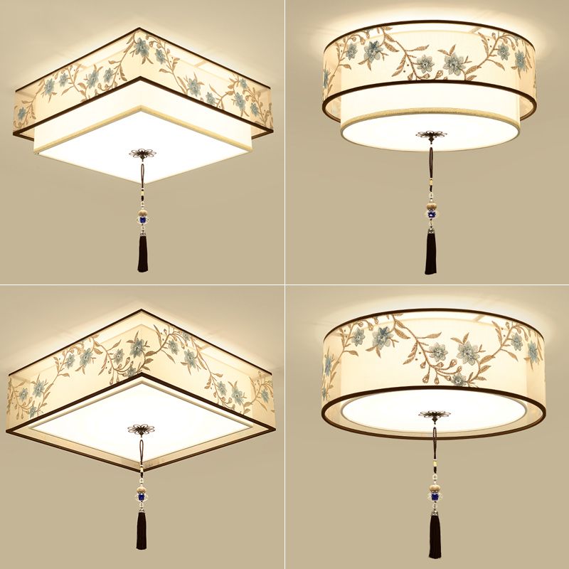 Geometry Shape Ceiling Lamp Tradition Iron Flush Mount with Fabric Lampshade for Hall