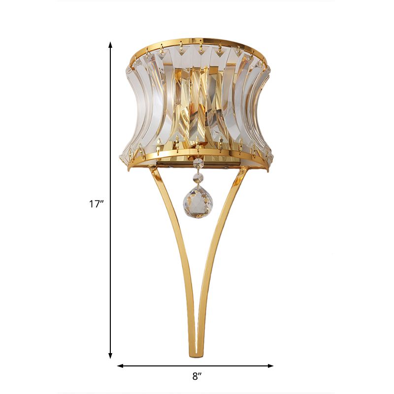 Curved Drum Metal Wall Light Vintage Style Golden 2 Lights Sconce Lamp with Clear Crystal Prism