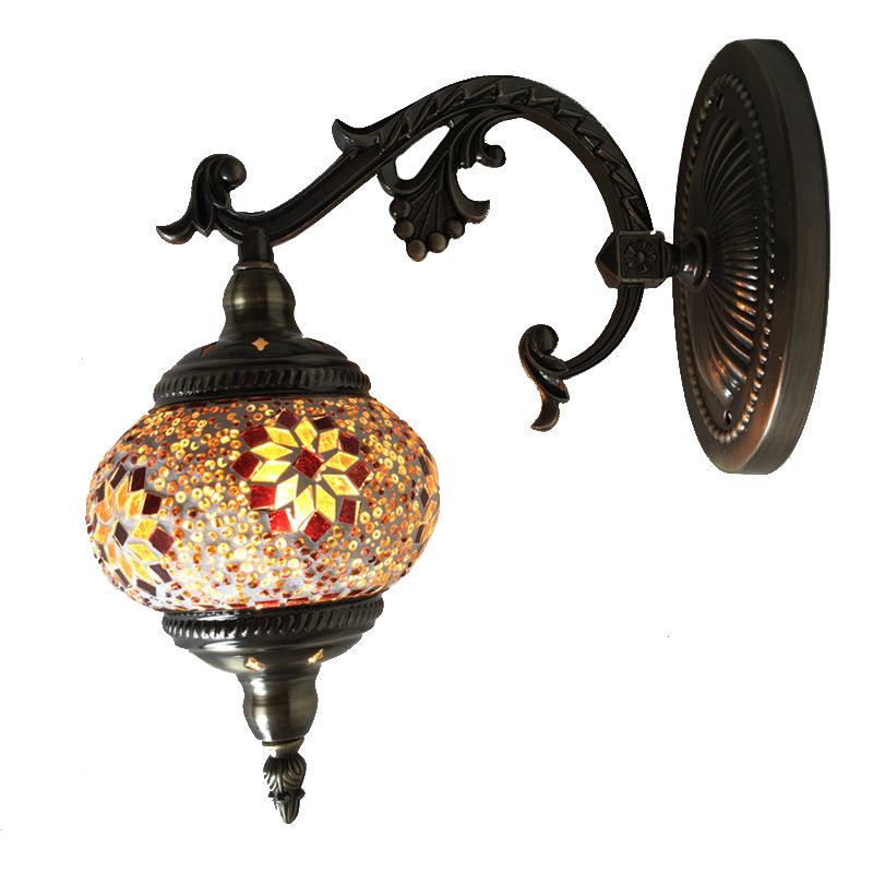Antique Armed Sconce Metal 1 Bulb Wall Mounted Light Fixture with Global Tan/White Glass Shade for Stairway