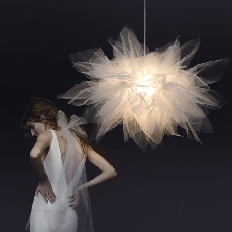 Floral Tulle Hanging Light Fixture Nordic 1-Light White Pendant Lamp for Living Room