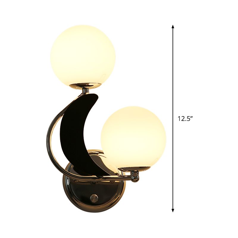 2 Heads Armed Sconce Contemporary Metal Wall Lighting Fixture in Chrome with Milk Glass Shade