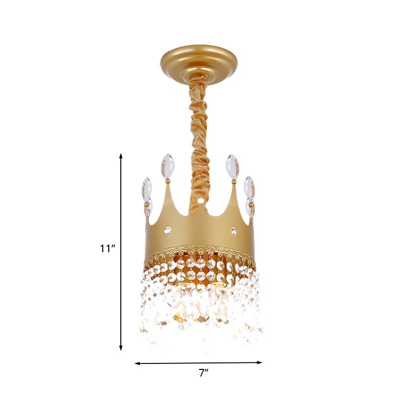 Crown Bedroom Chandelier Metallic 2/4/6 Heads Kids Pendant Light Fixture in Gold with Crystal Drop Deco