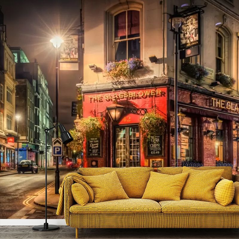 Brown Retro Wall Covering Custom Size Night Street Wall Mural Decal for Coffee Shop