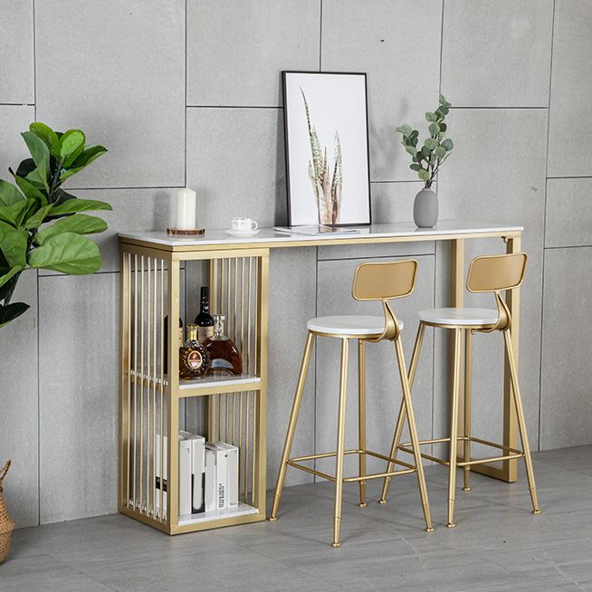 White Rectangle Faux Marble Top Bar Table Industrial Double Pedestal with Shelves