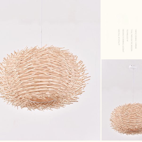 Bird's Nest Shaped Creative Hanging Light Asian Style Simplicity Bamboo Weaving Lighting Fixture with 39.3" Suspended Wire