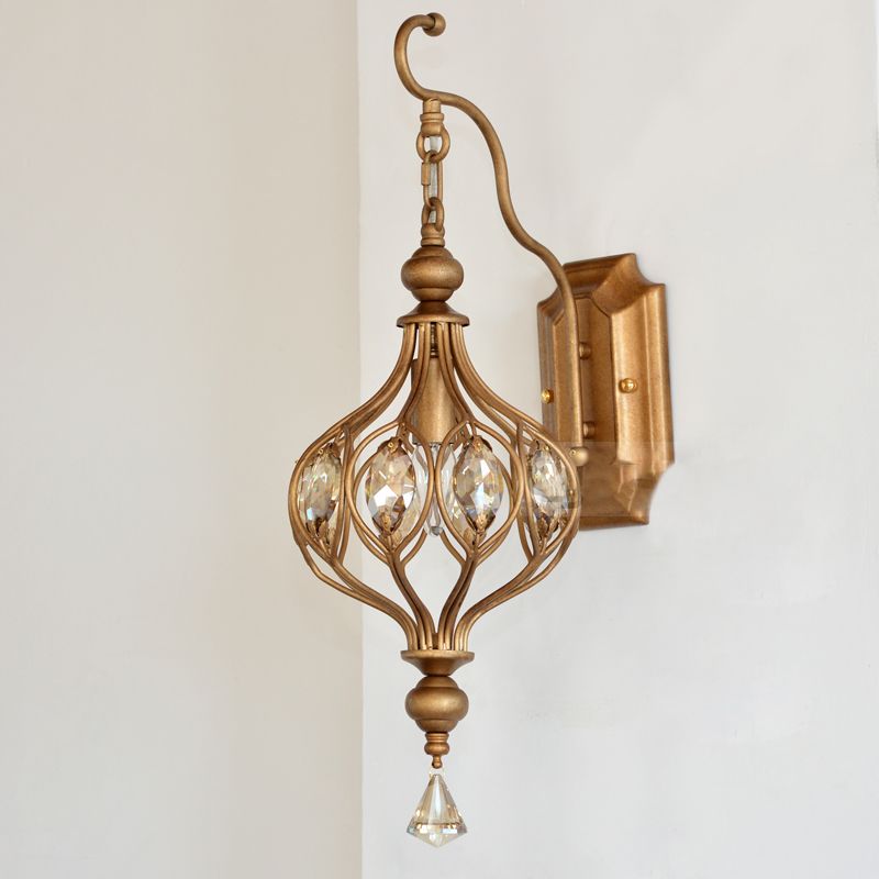 Brass Finish Lantern Wall Lamp Vintage 1-Light Crystal Wall Sconce for Hallway