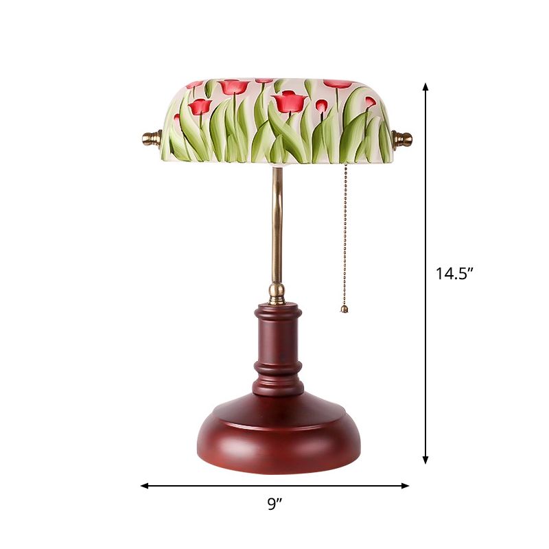 1 Glühbirne Grüne Glas Tisch Beleuchtung koreanischer Garten Rotbraune Blumenbuschmuster Schlafzimmer Nachttisch Lampe mit Pull -Kette