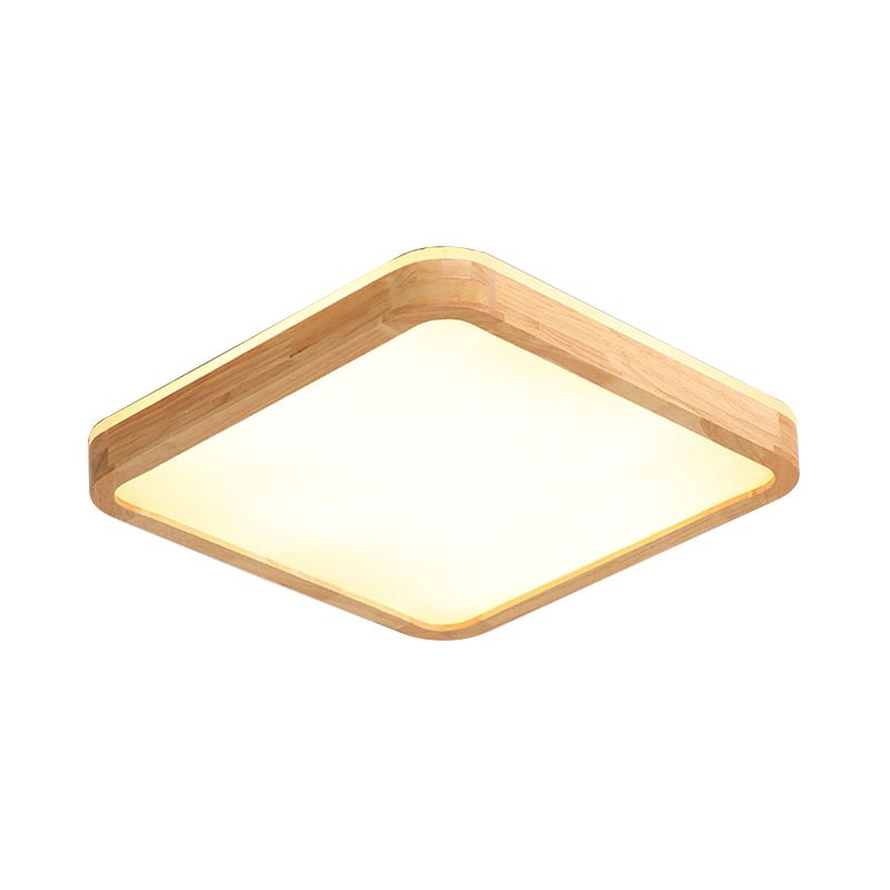 Round Corner Wood Flush Light Fixture Nordic Beige LED Surface Mount Ceiling Lamp with Acrylic Diffuser, 16/19.5 Inch Wide