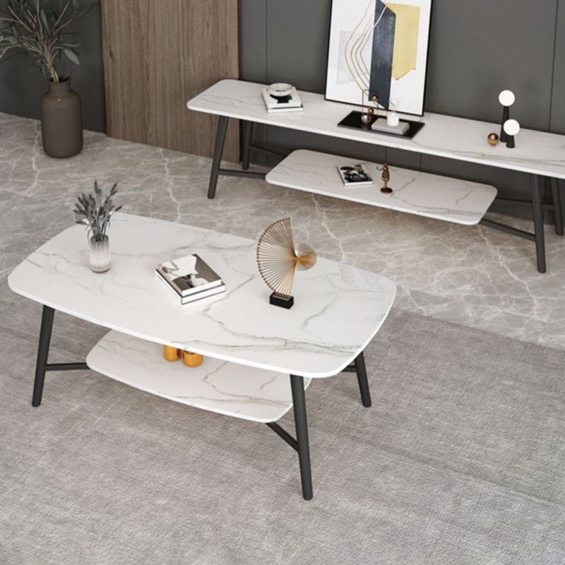 Rectangular Slate Top Coffee Table 4 Legs 1 Single Cocktail Table with Storage Shelf