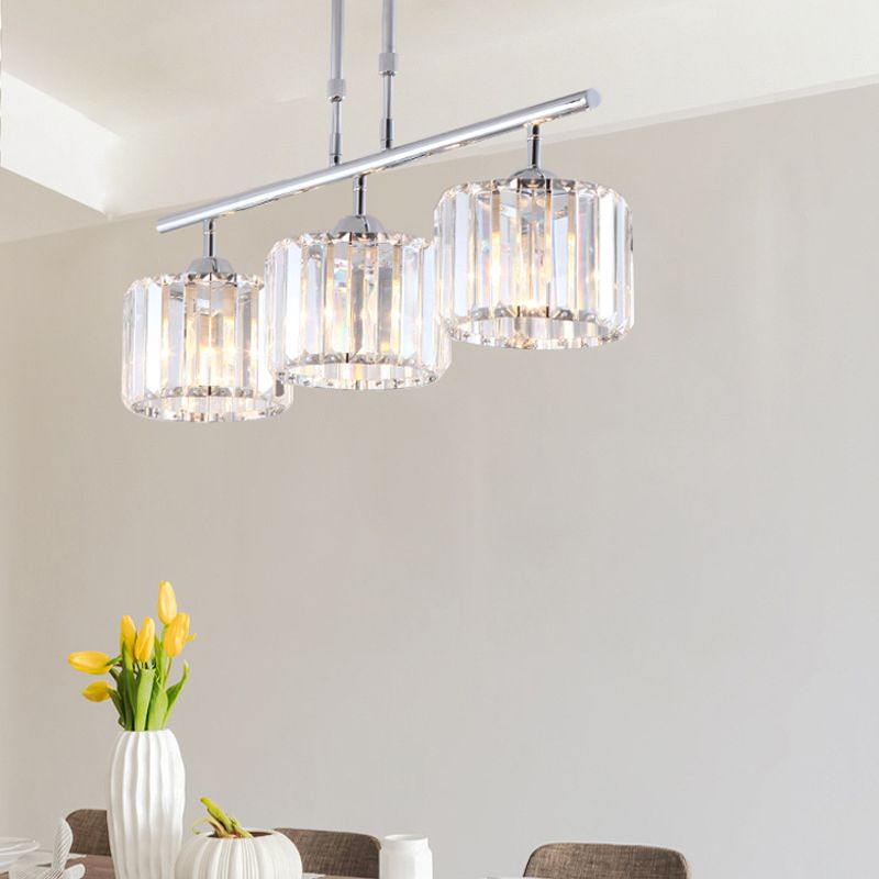 Chrome Drum Island Chandelier Light Contemporary Crystal 3/4 Bulbs Pendant Light Fixture for Bedroom