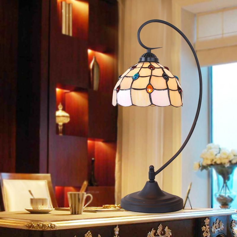 Beige/White and Silver Glass Black Night Lamp Lattice Bowl 1 Head Victorian Nightstand Light with Curvy Arm