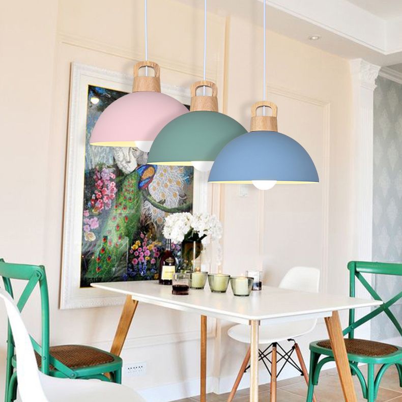 Macaron Style Domed Suspension Lamp Aluminum 1 Head Diner Pendant Light with Wooden Decor