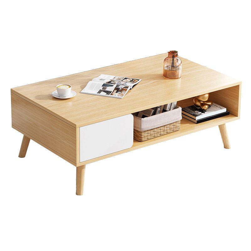Rectangle Wood Coffee Table 4 Legs Single Coffee Table with Drawer