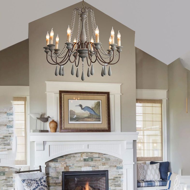 Candlestick Chandelier French Country Wooden Dining Room Hanging Light Fixture