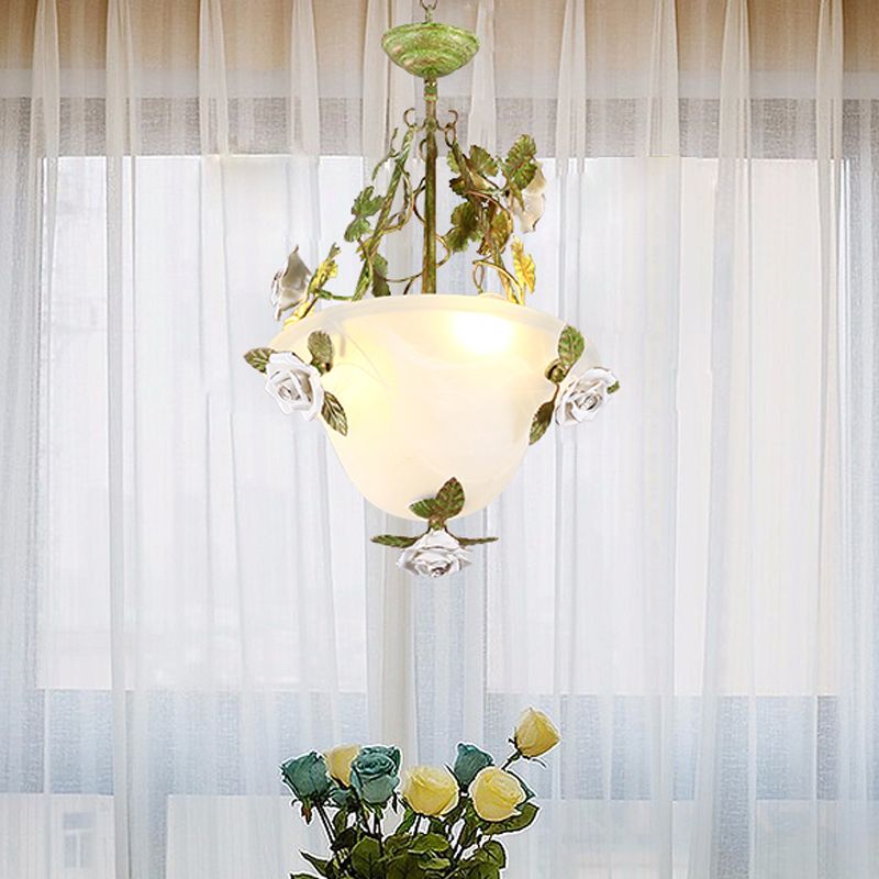 Green Bowl Chandelier Light Fixture Korean Flower White Glass 2/3 Bulbs Dining Room Pendant Lamp