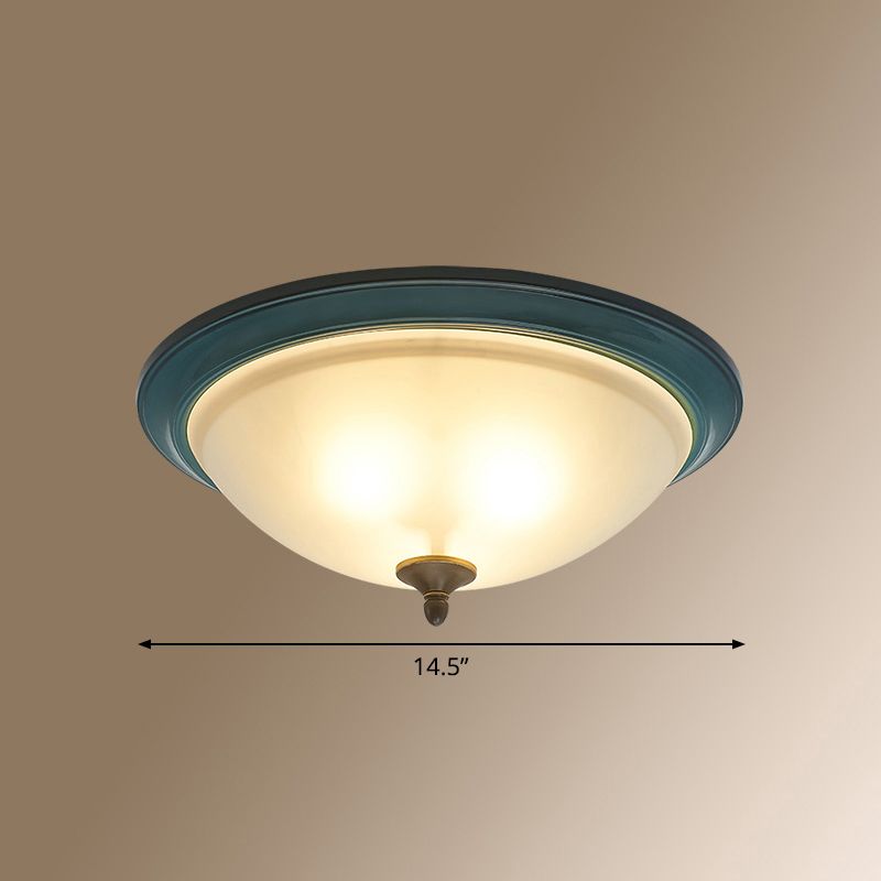 Frosted White Glass Bowl Flush Light Rustic 3-Light Bedroom Ceiling Lamp in Blue