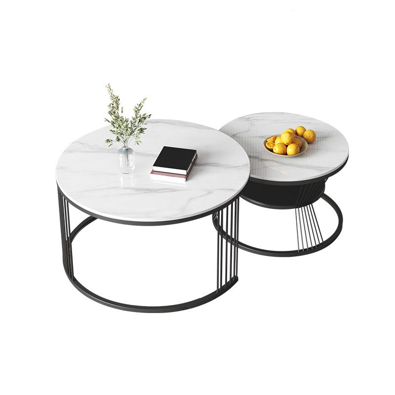 Round White Slate Coffee Table with Shelf Frame Base 2 Nestling Cocktail Table