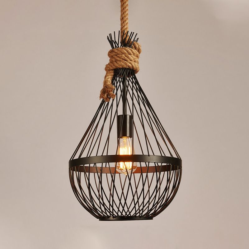 1 Head Teardrop Ceiling Lamp Countryside Black Finish Metal Restaurant Suspension Pendant Light with Rope