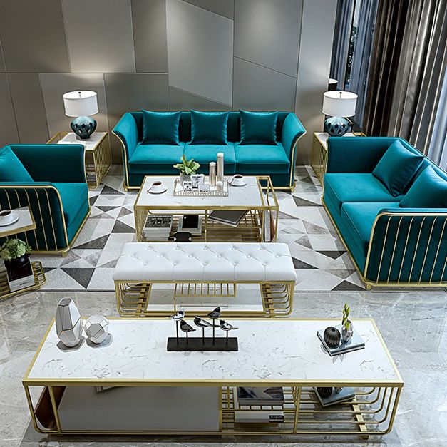 27.5" H Contemporary Blue Velvet Tuxedo Arm Sofa with Pillows