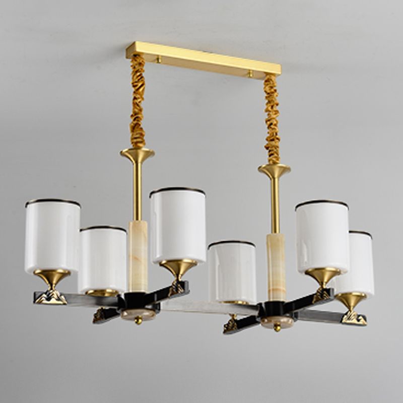 Modern Style Cylindrical Shape Island Lights White Glass 6-light Pendant Lights in Gold