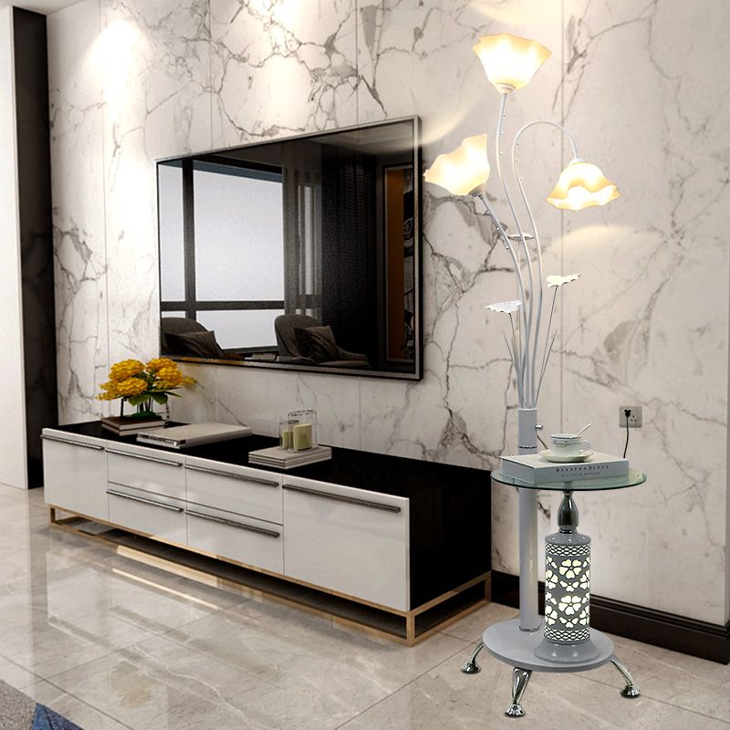 3-Light Metallic Floor Light Countryside Style Black/White Tree Design Guest Room Standing Up Lamp with Floral Shade